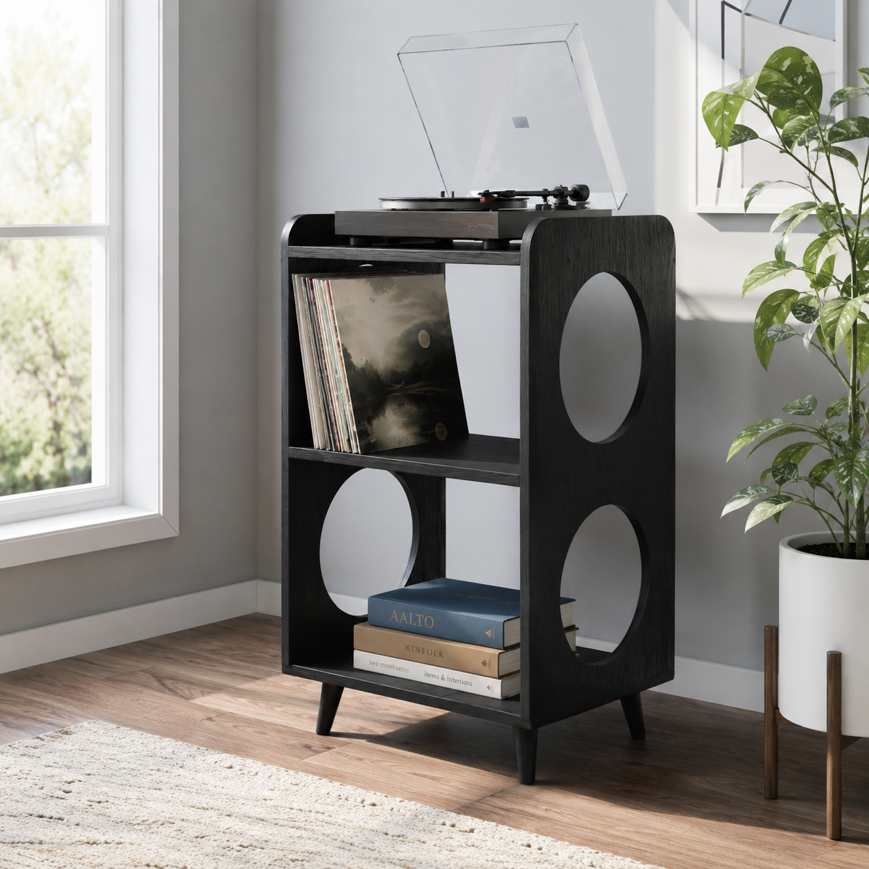 Mid-Century Record Player Stand with Vinyl Storage – Narrow Turntable Stand & LP Organizer