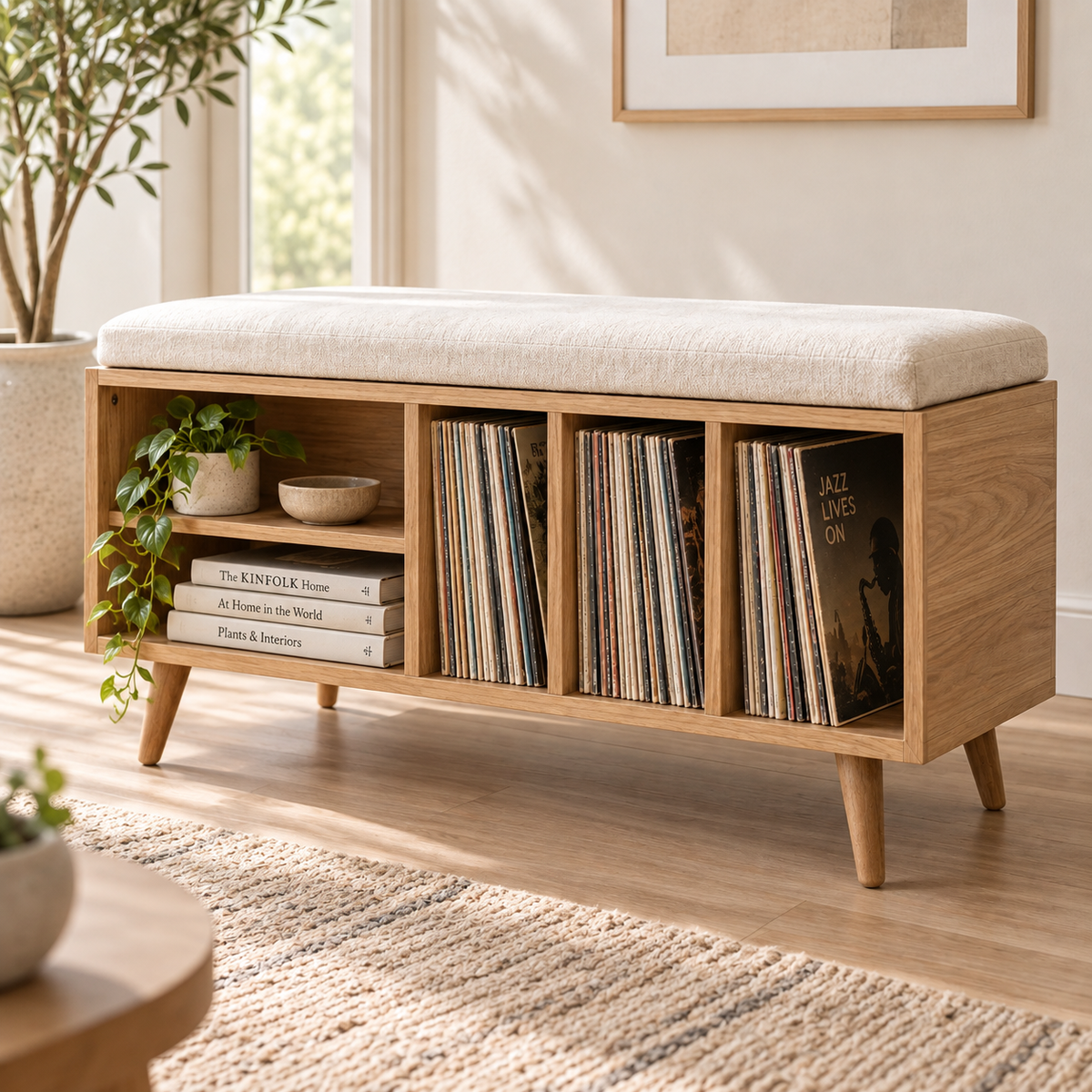 Vinyl Record Storage Bench – LP Organizer & Listening Room