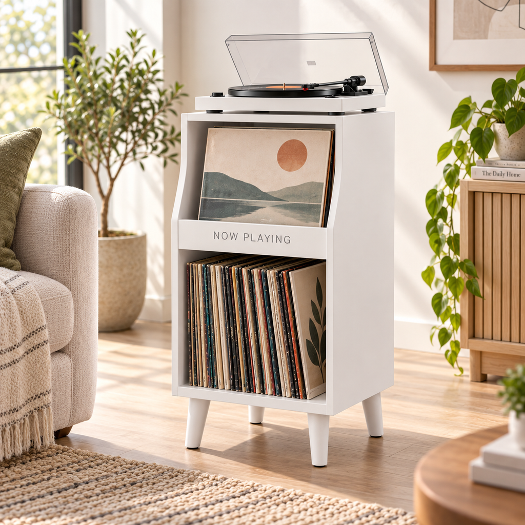 Tall Narrow Record Player Stand with Vinyl Storage – Compact Turntable Cabinet