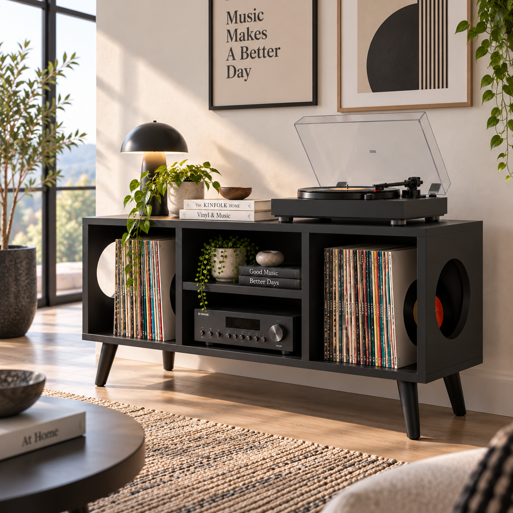 Vinyl Record Storage Console with Turntable Stand – Modern LP Media Cabinet