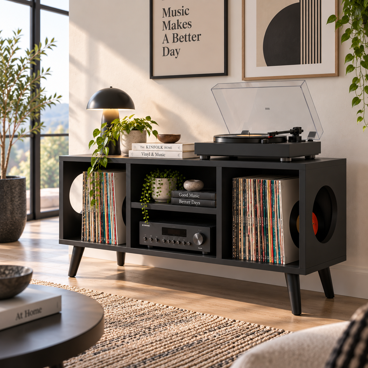 Vinyl Record Storage Console with Turntable Stand – Modern LP Media Cabinet
