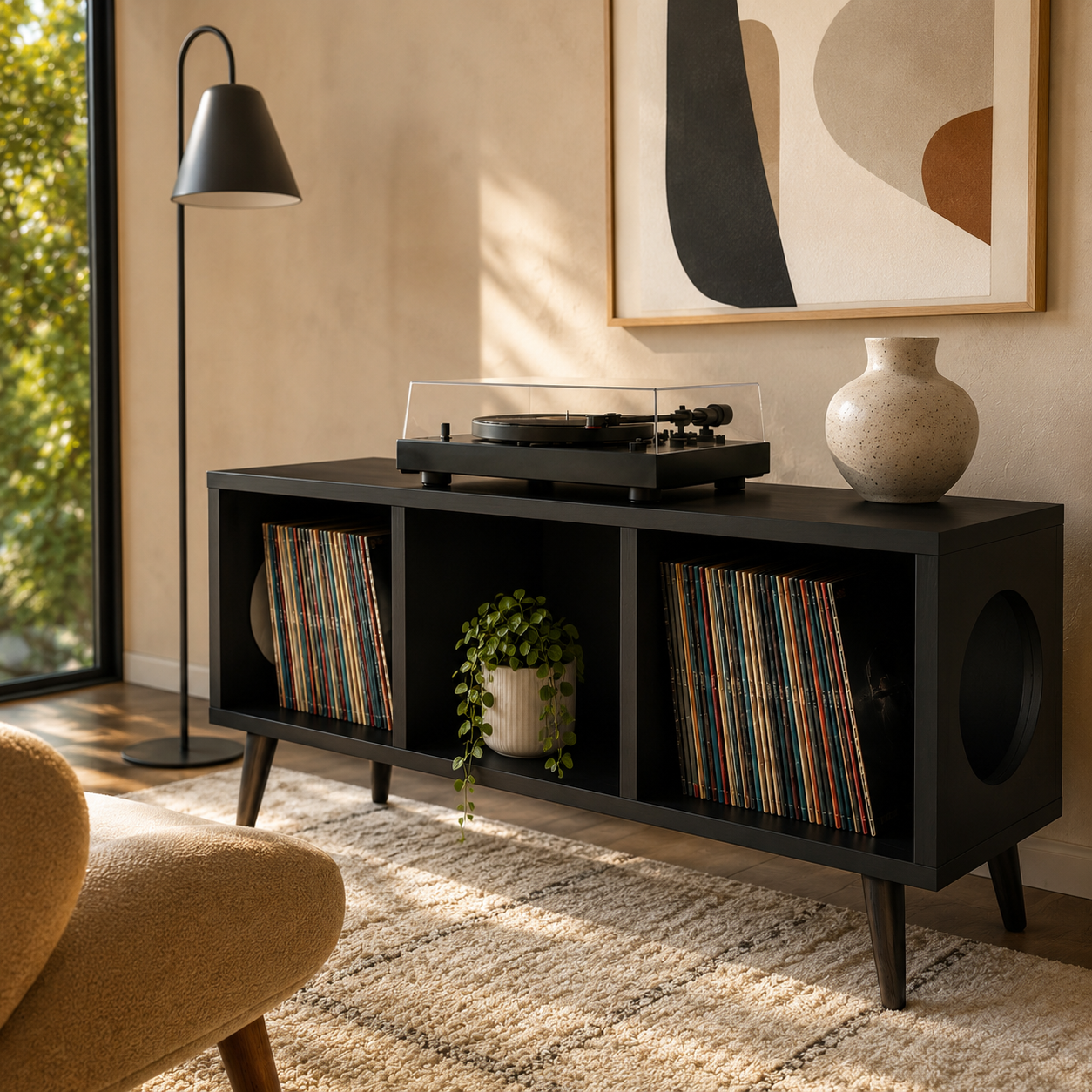 Compact Record Player Stand with Vinyl Storage – Turntable Stand & LP Organizer