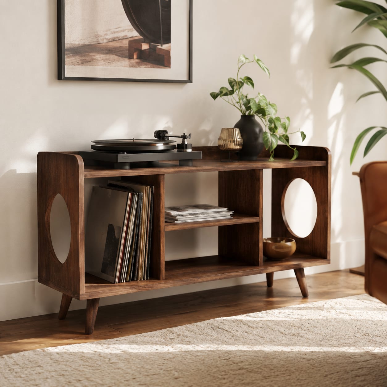 Mid-Century Record Player Table – Turntable Stand with Vinyl Storage & LP Organizer