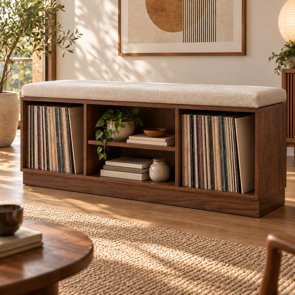 Vinyl Record Storage Bench – LP Organizer & Listening Room