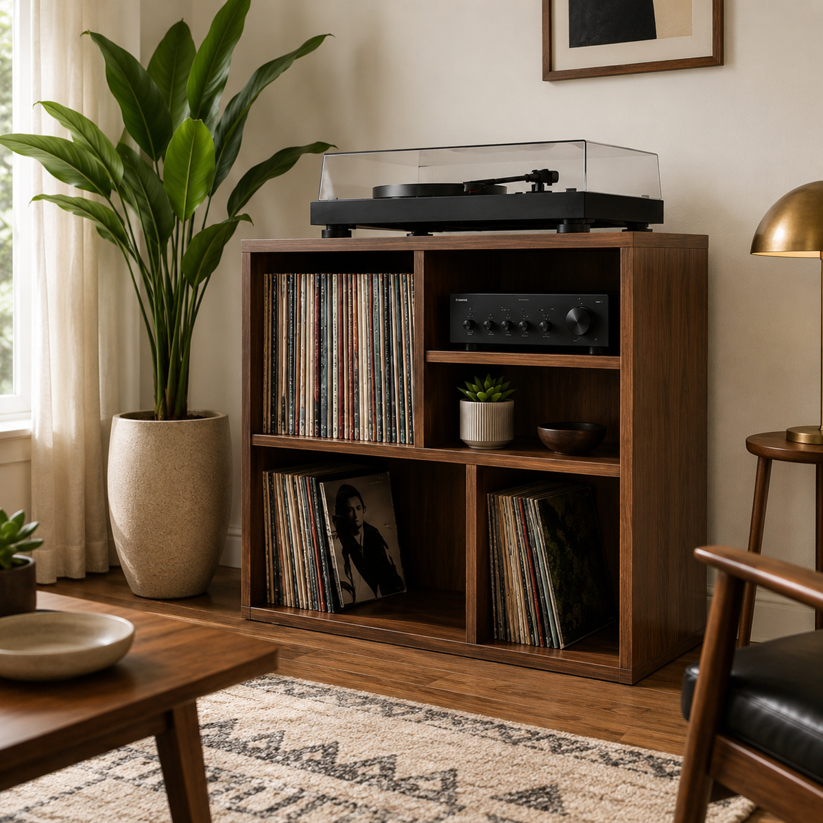 Narrow Turntable Stand with Vinyl Record Storage – Compact Record Player Cabinet