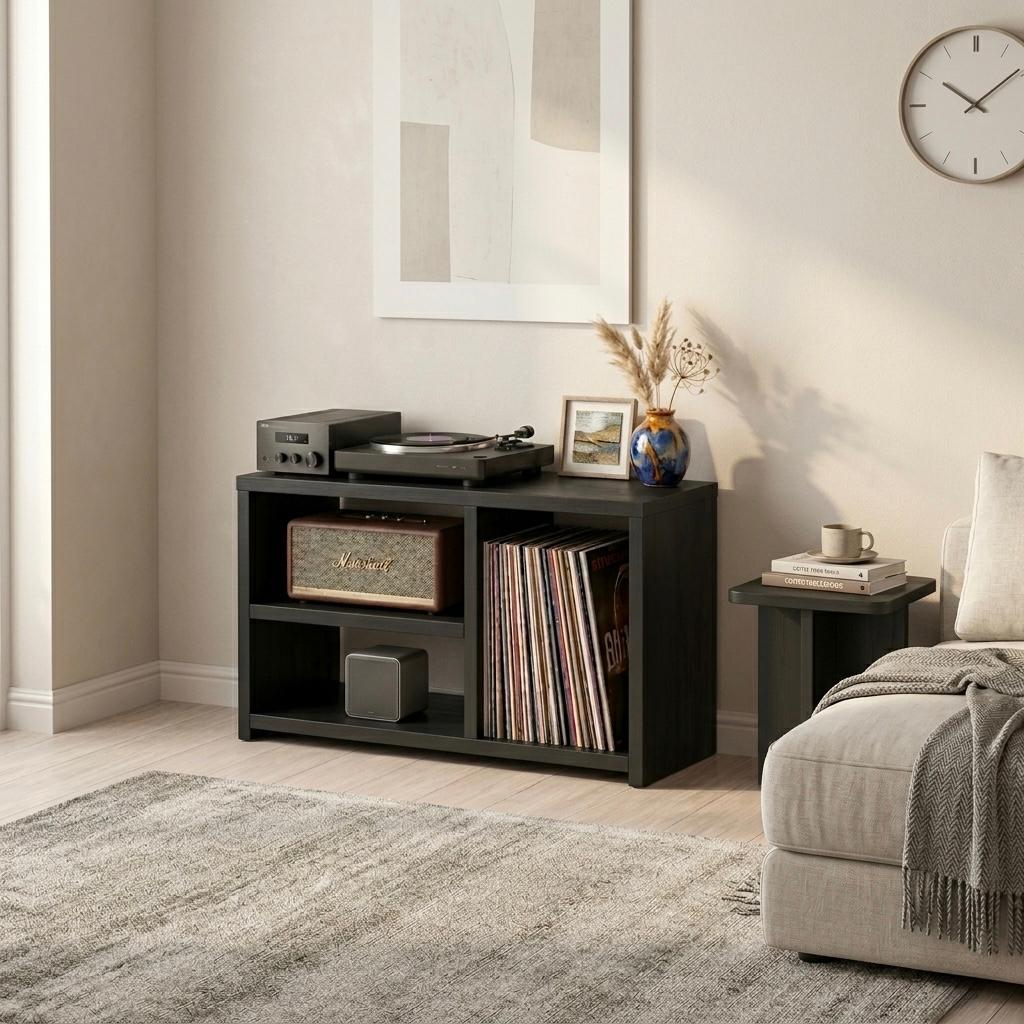 Low Record Player Stand with Vinyl Storage – Turntable Stand & LP Organizer