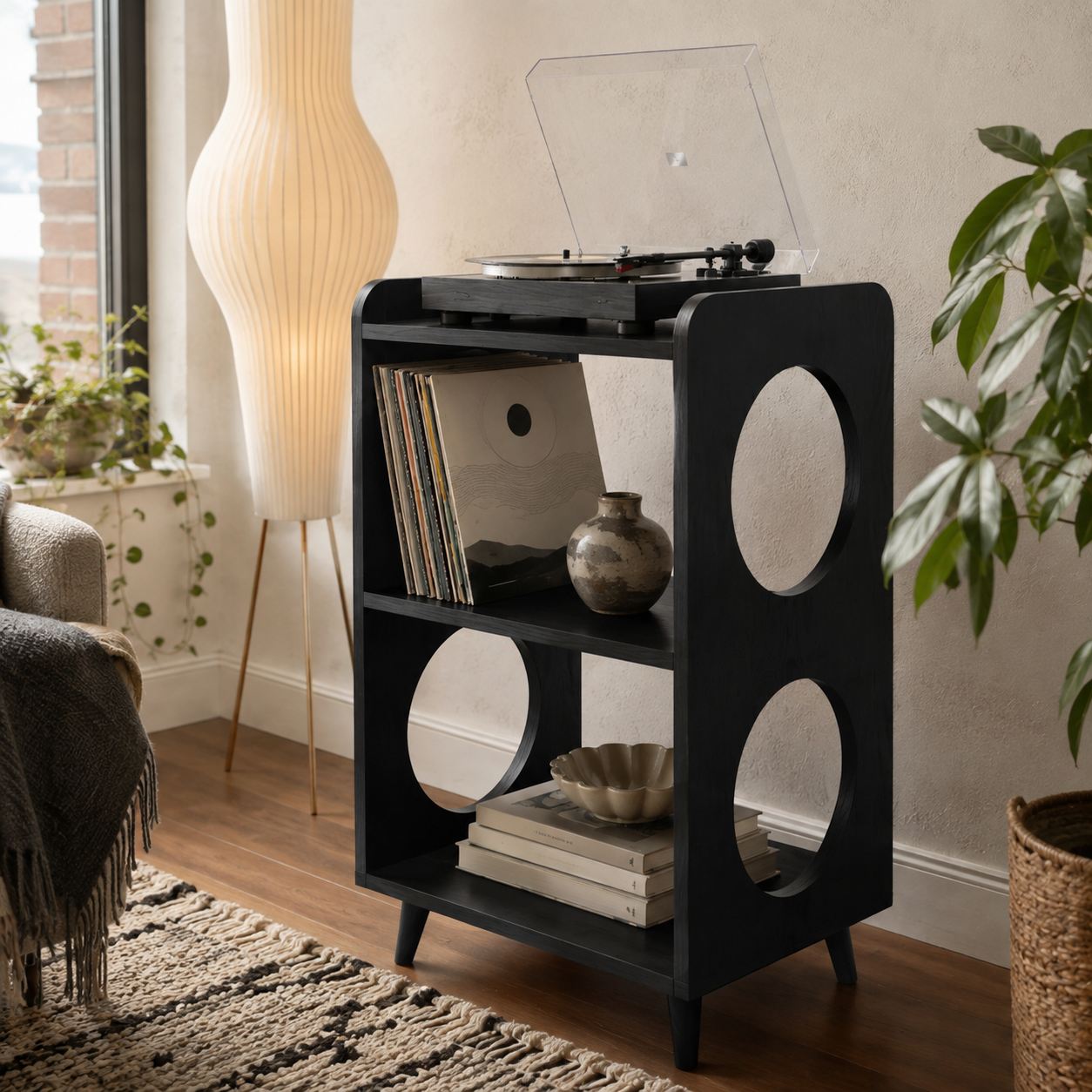 Mid-Century Record Player Stand with Vinyl Storage – Narrow Turntable Stand & LP Organizer