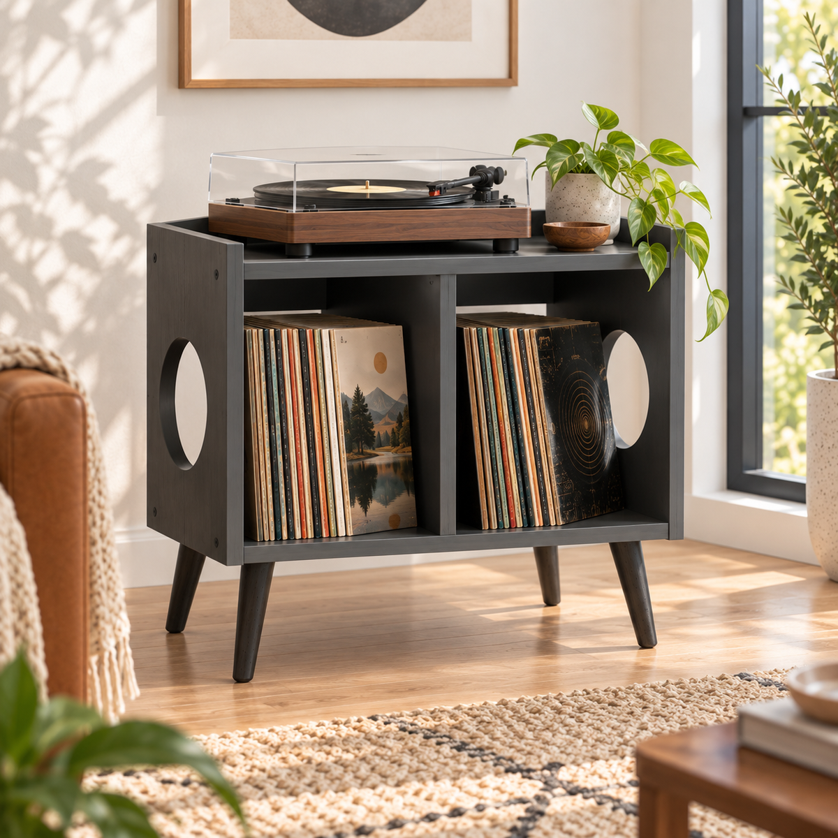 Narrow Record Player Stand with Vinyl Storage – Compact Turntable Cabinet, 45 cm Wide