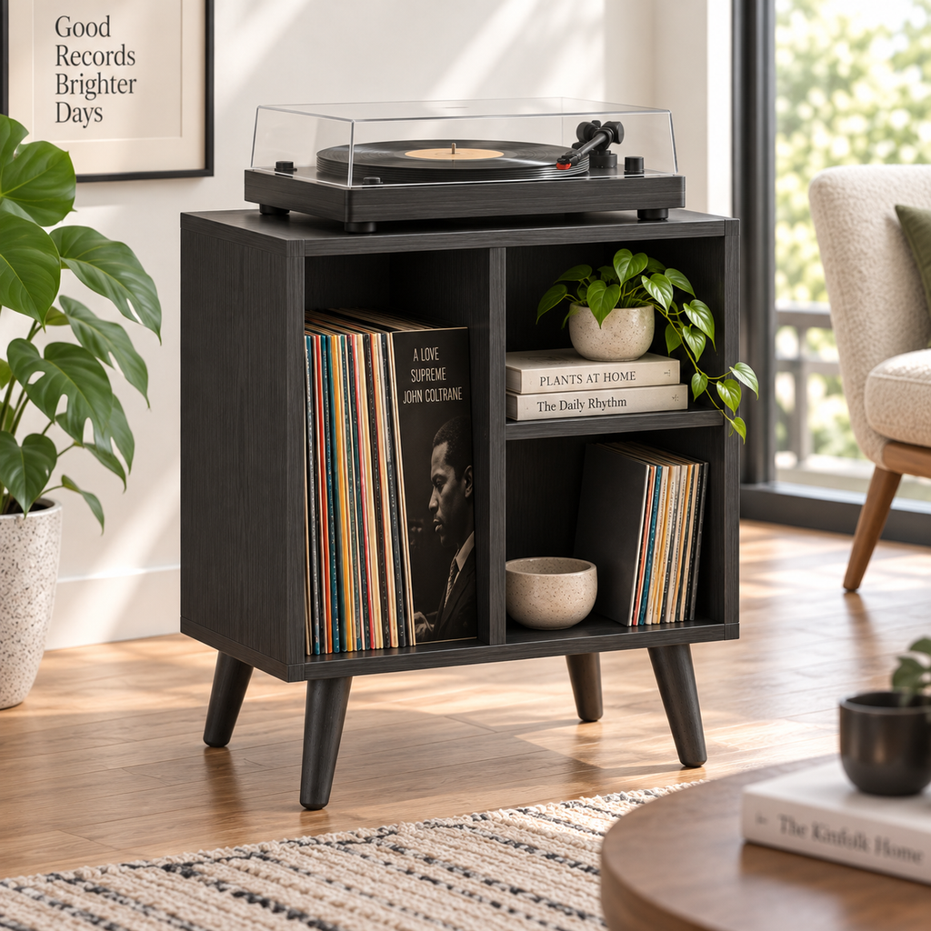 Narrow Record Player Stand with Vinyl Storage – Compact Turntable Cabinet