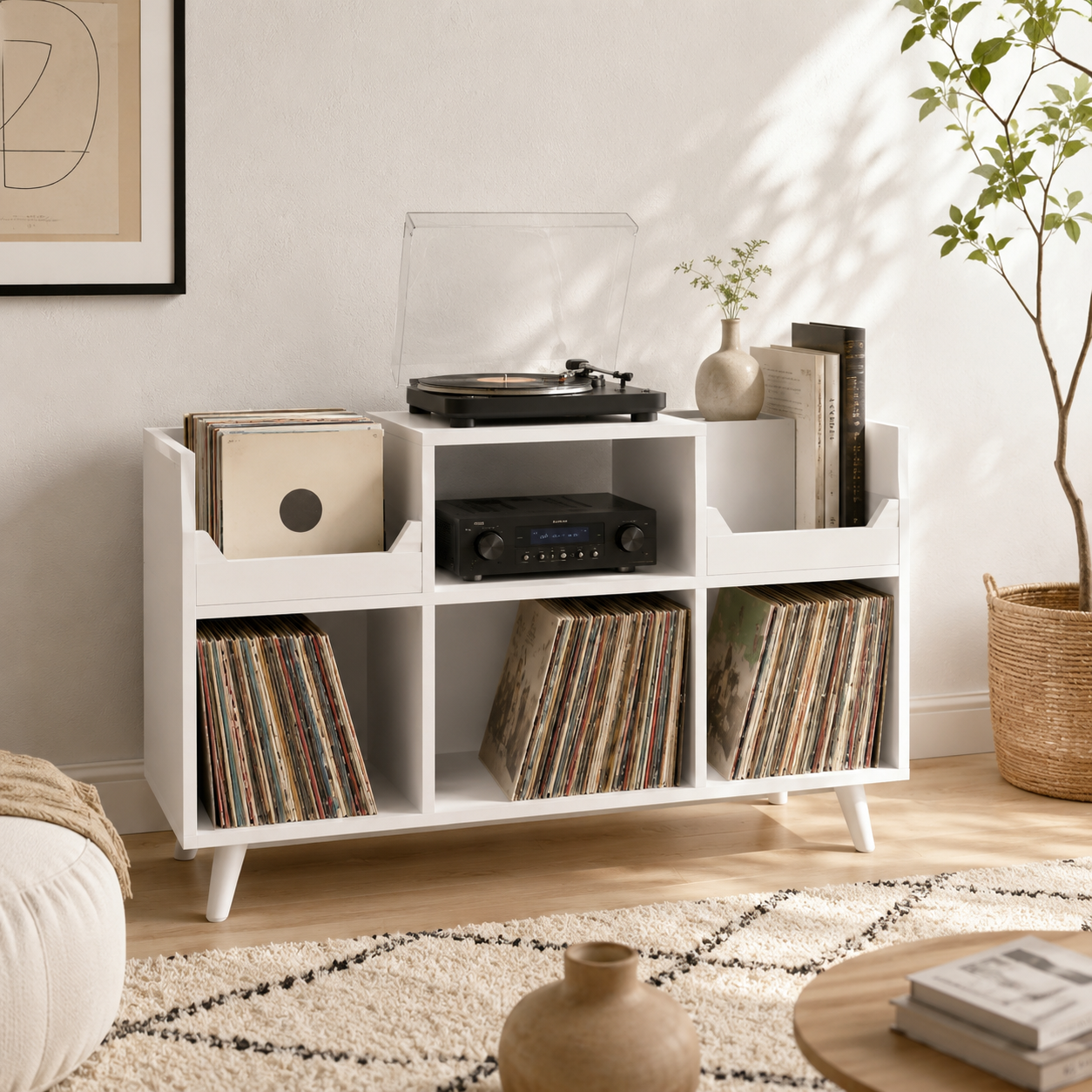 Mid-Century Record Player Stand with Vinyl Storage – Turntable Console & LP Organizer