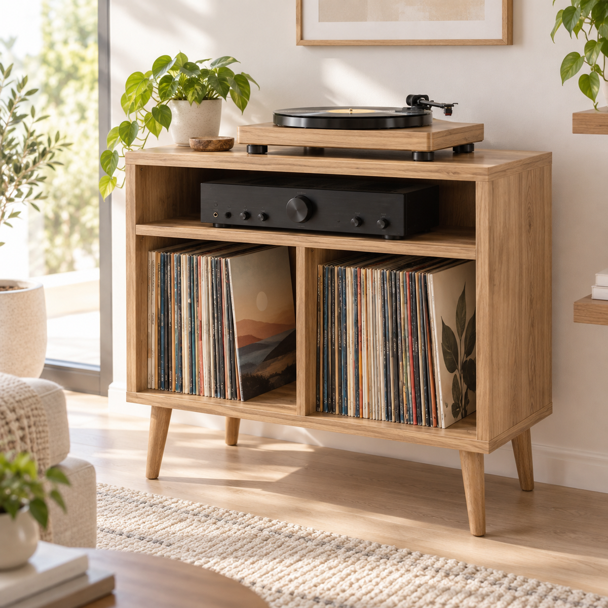 Record Player Stand with Vinyl Storage – Compact Turntable Stand & LP Organizer