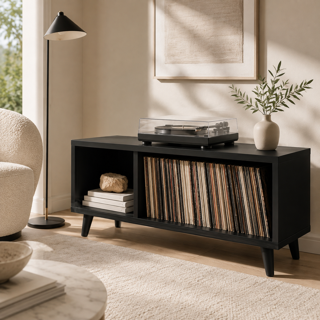 Mid-Century Record Player Stand with Vinyl Storage – LP Organizer & Turntable Stand