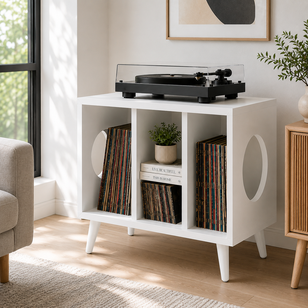 レコードプレーヤー用コンパクトスタンド（レコード収納付き）– ターンテーブルスタンド＆LPレコード整理ラック、55cm