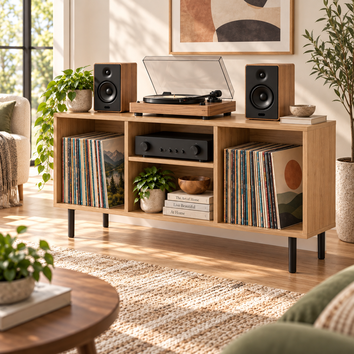 Modern Record Player Stand with Vinyl Storage – Turntable Table & LP Organizer