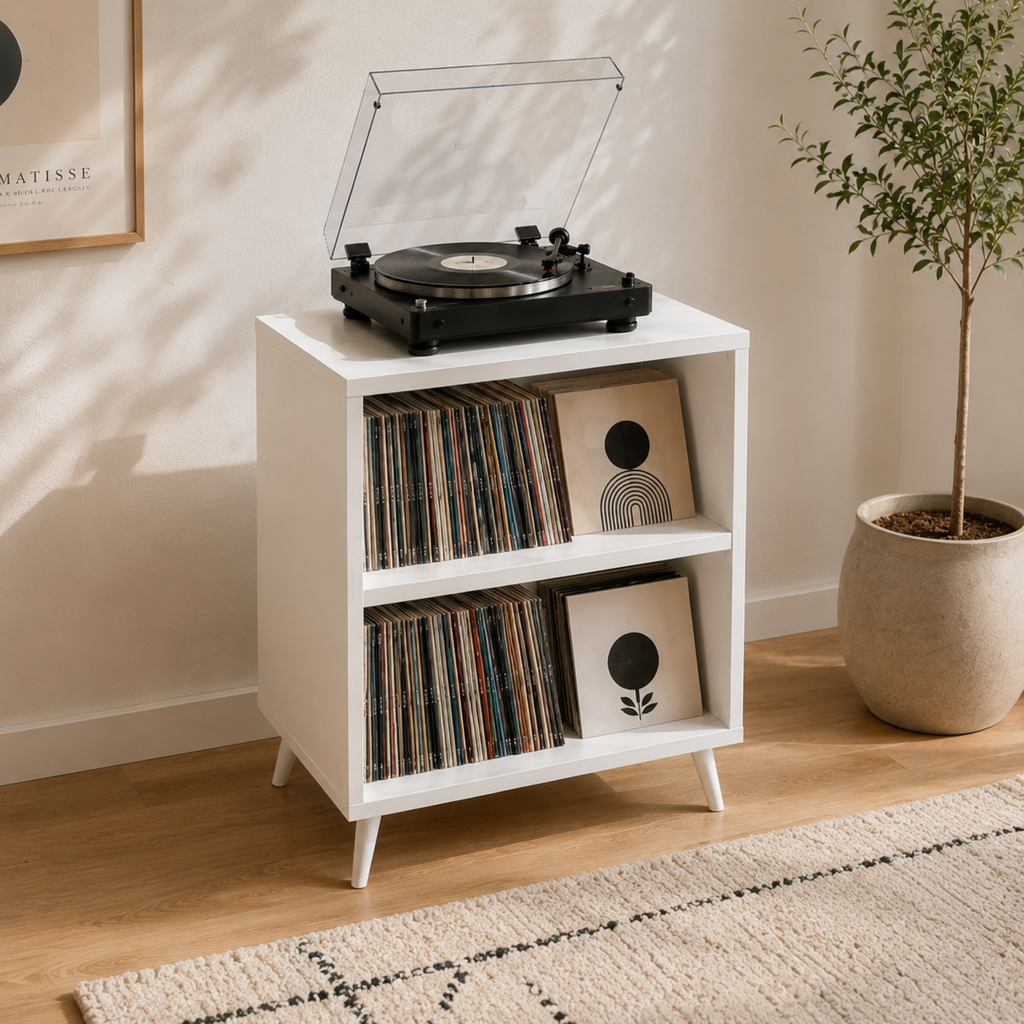 Tall Record Player Stand with Vinyl Storage – Modern Turntable Stand & LP Organizer