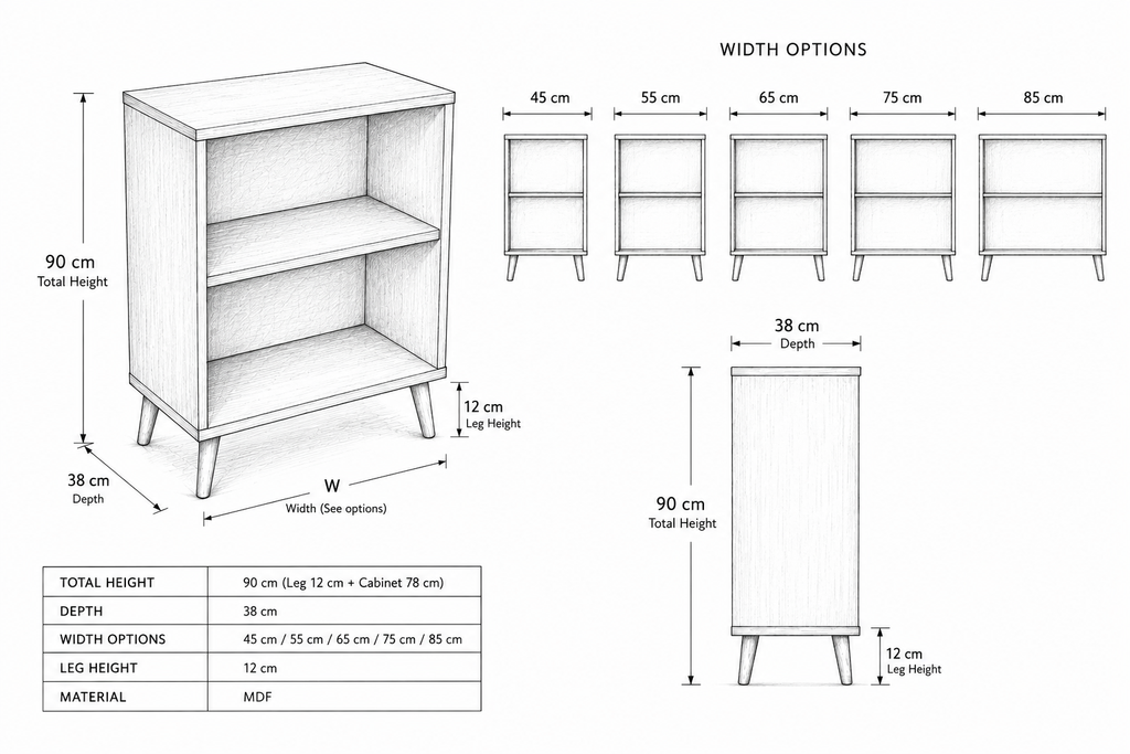 Record Player Stand – 90 cm High, 38 cm Deep, 45–85 cm Length Options