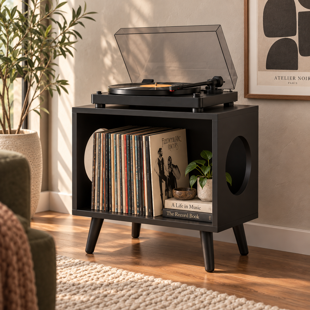 Compact Record Player Stand – Small Turntable & Vinyl Storage Table