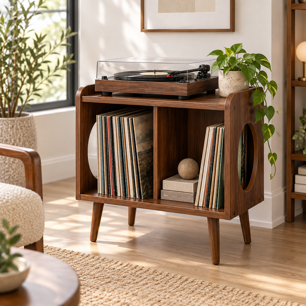 Compact Record Player Stand with Vinyl Storage – Turntable Stand & LP Organizer, 45 cm Wide