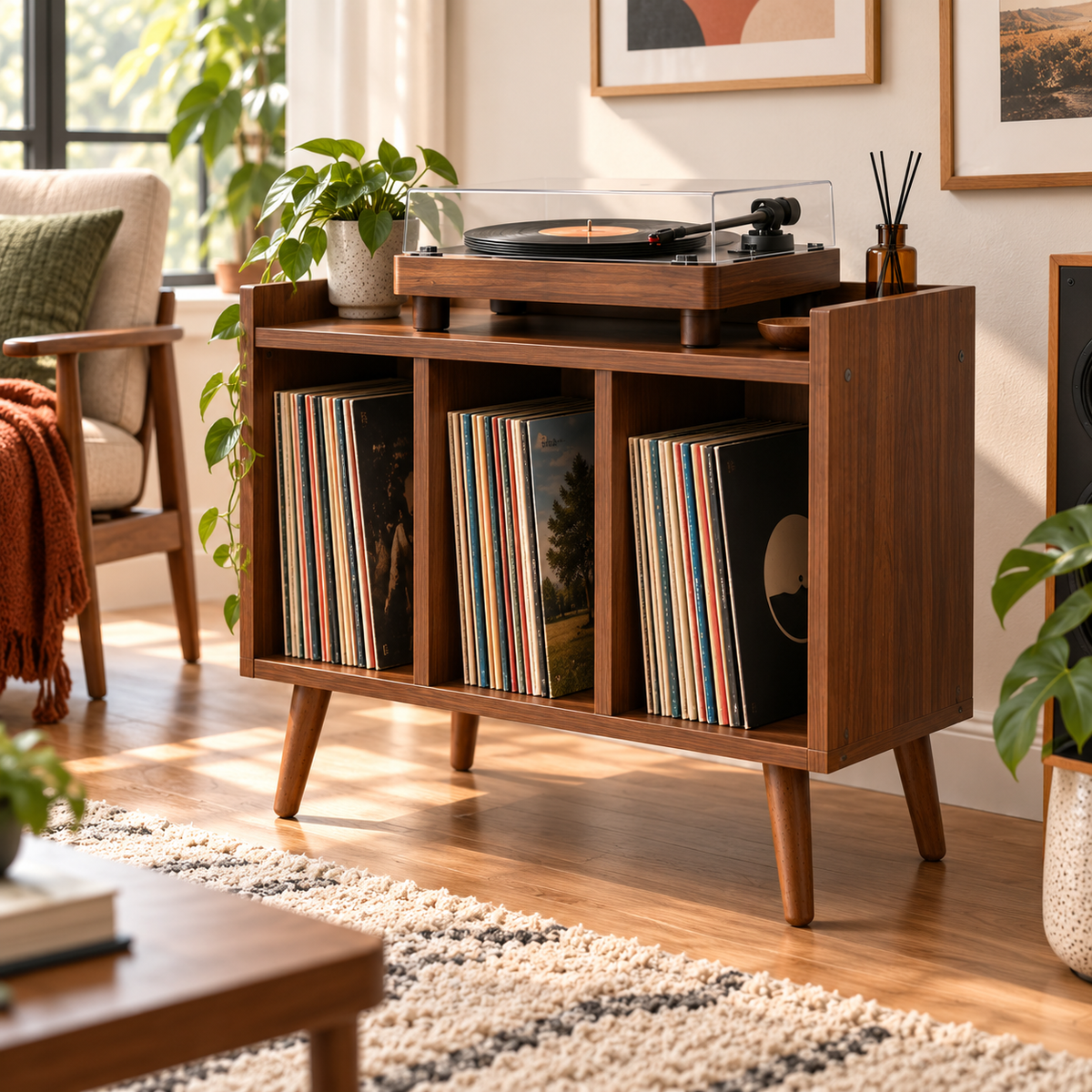 Compact Record Player Stand with Vinyl Storage – 60 cm Turntable Cabinet