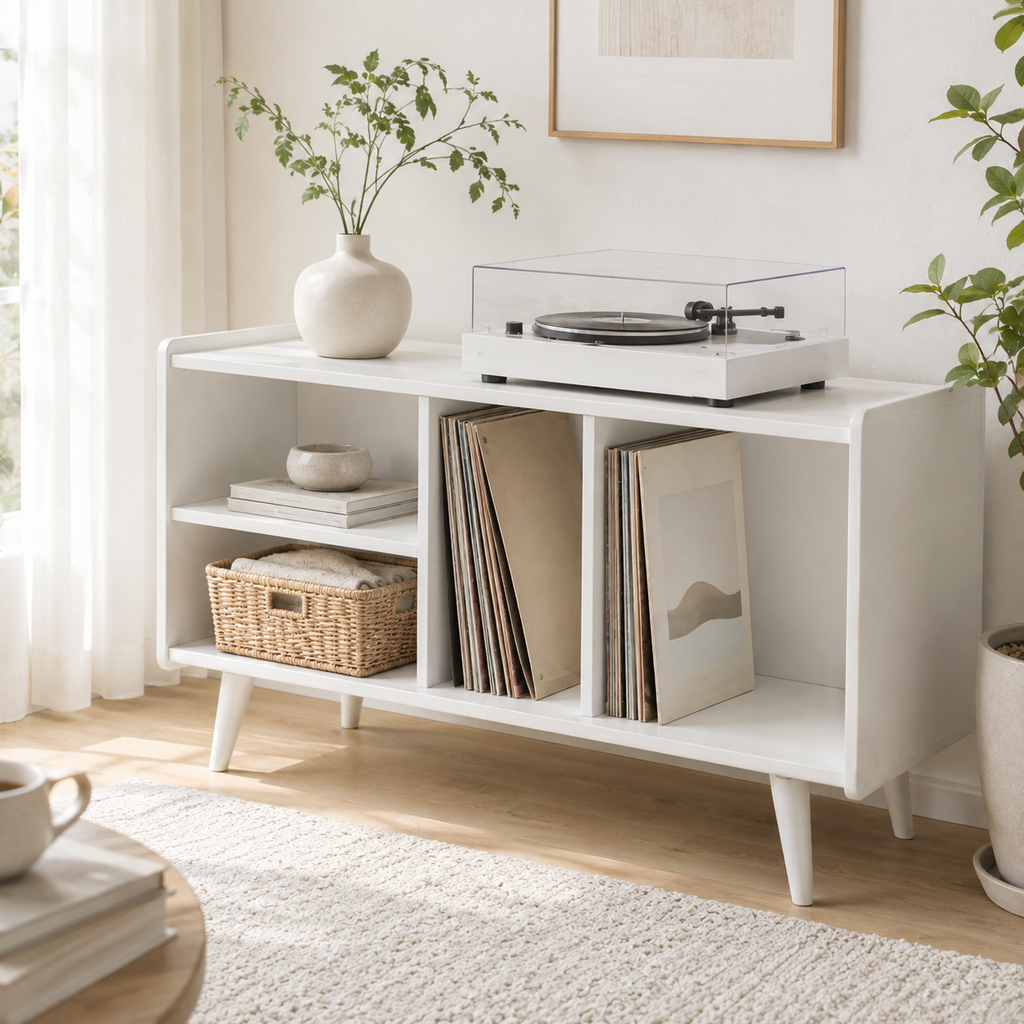 Mid-Century Record Player Stand with Vinyl Storage – Turntable Console & LP Storage Cabinet