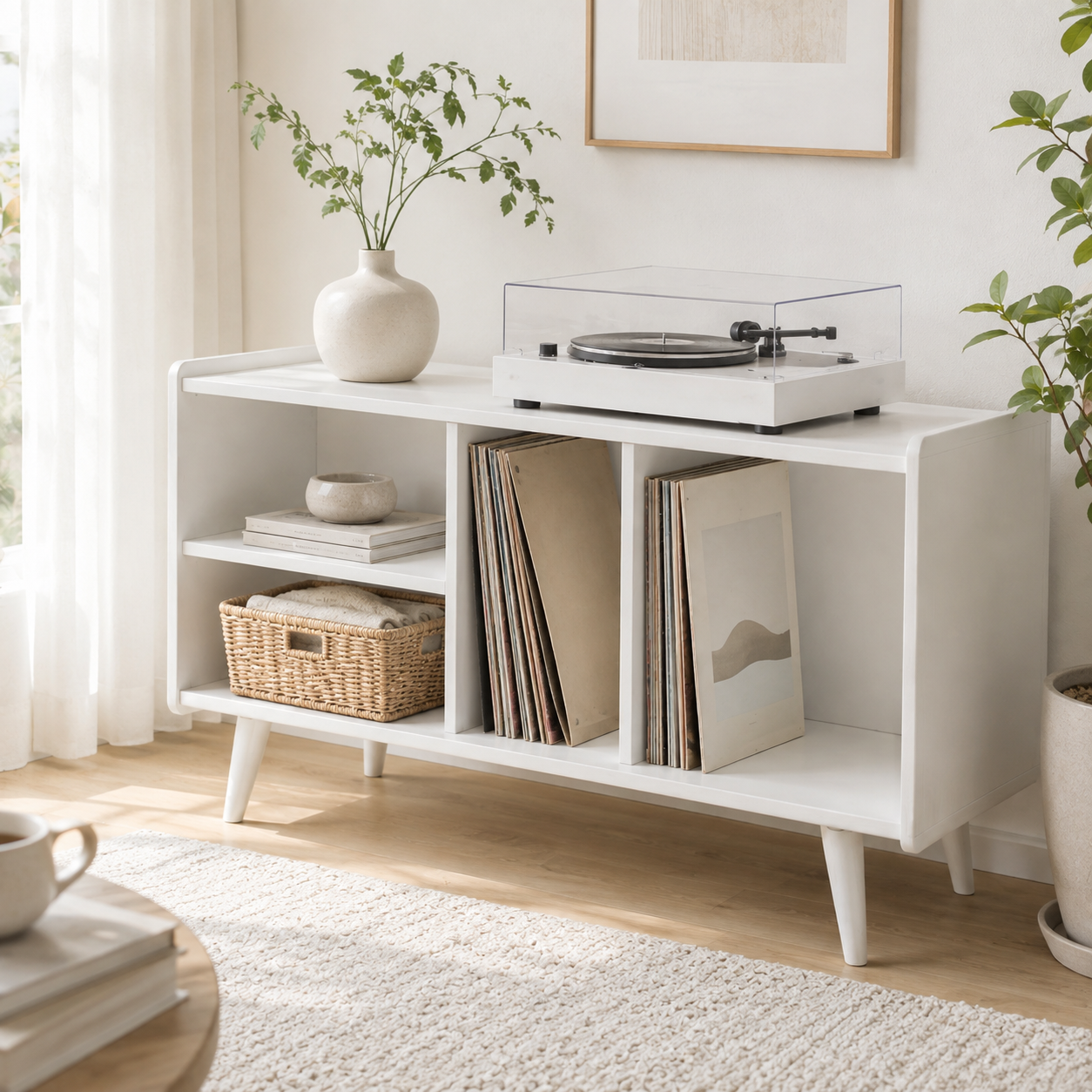 Mid-Century Record Player Stand with Vinyl Storage – Turntable Console & LP Storage Cabinet