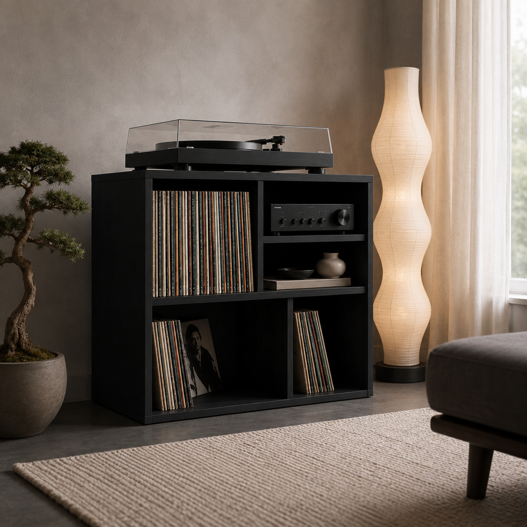 Narrow Turntable Stand with Vinyl Record Storage – Compact Record Player Cabinet