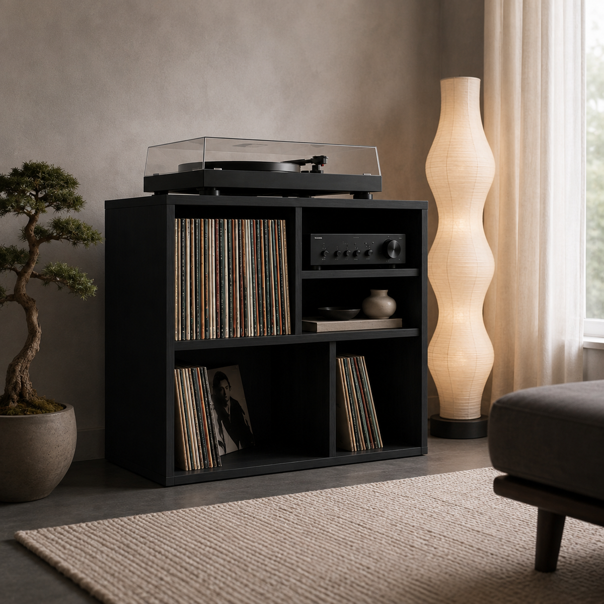 Narrow Turntable Stand with Vinyl Record Storage – Compact Record Player Cabinet