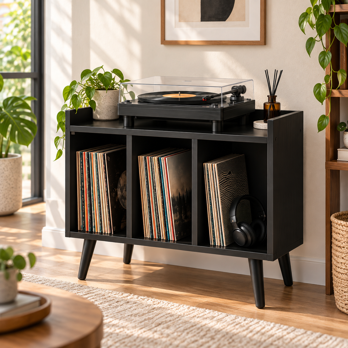 Compact Record Player Stand with Vinyl Storage – 60 cm Turntable Cabinet