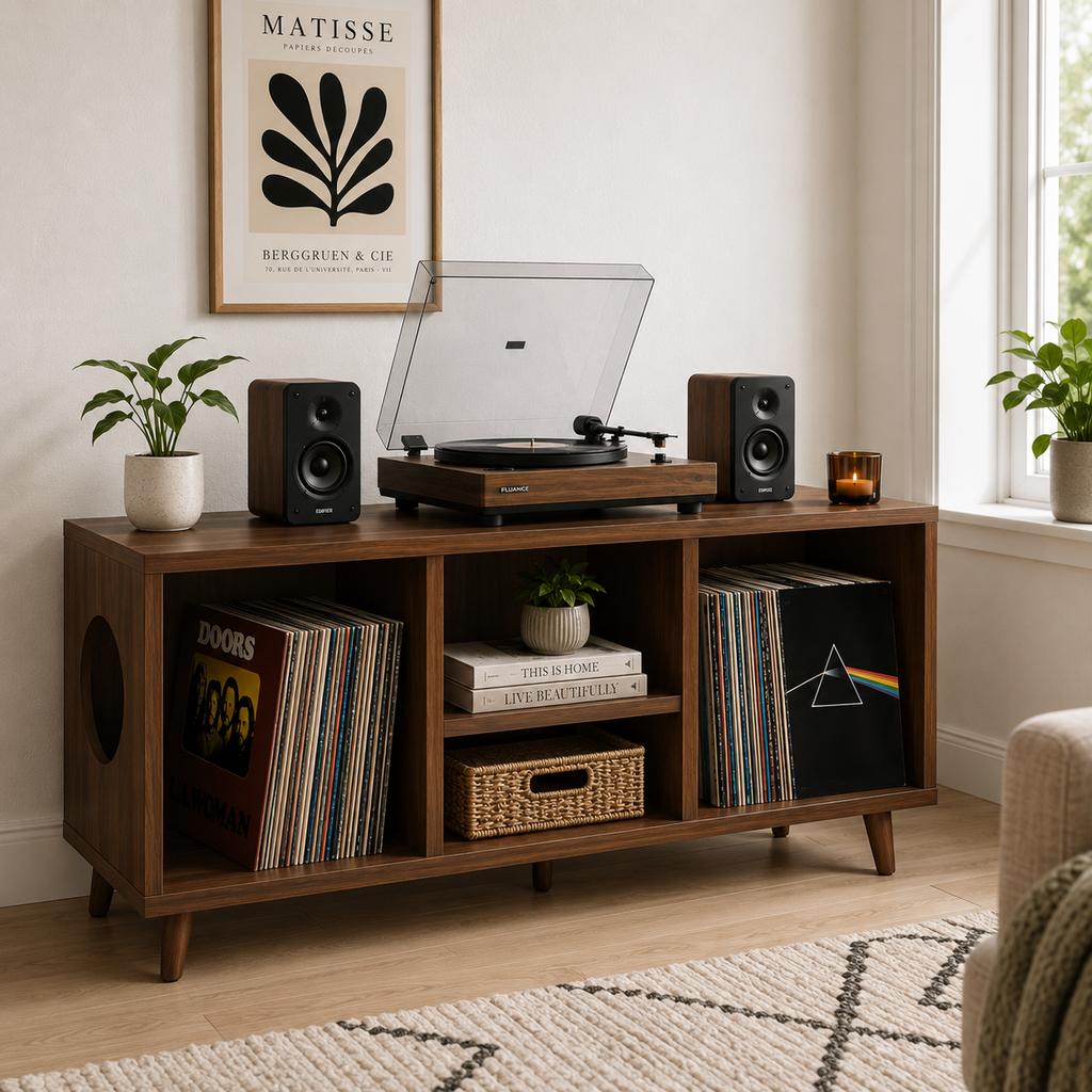 Modern Record Player Stand with Vinyl Storage – Turntable Cabinet & LP Organizer