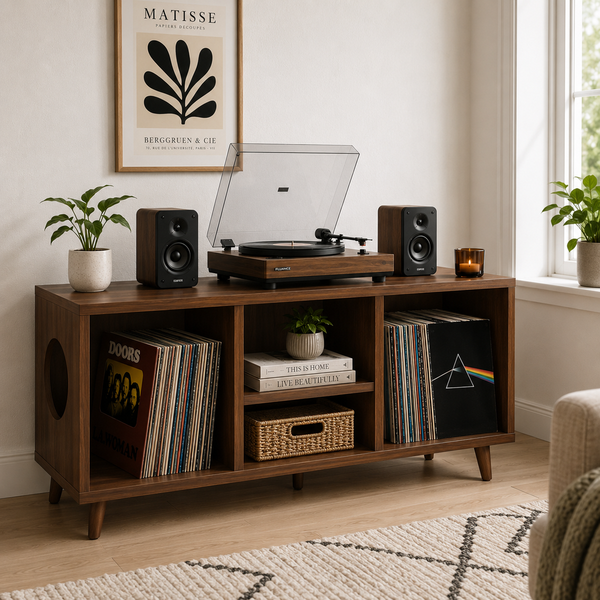Modern Record Player Stand with Vinyl Storage – Turntable Cabinet & LP Organizer