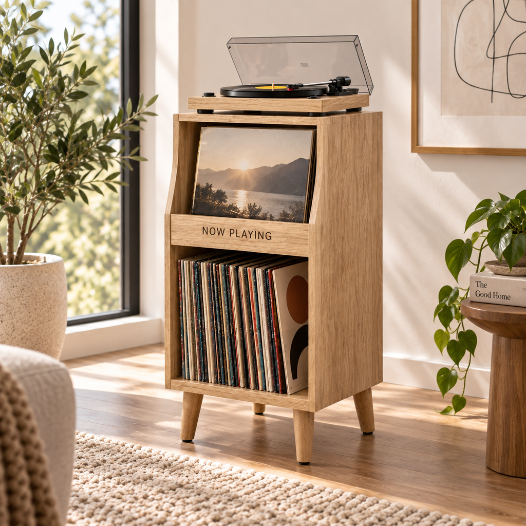 Tall Narrow Record Player Stand with Vinyl Storage – Compact Turntable Cabinet