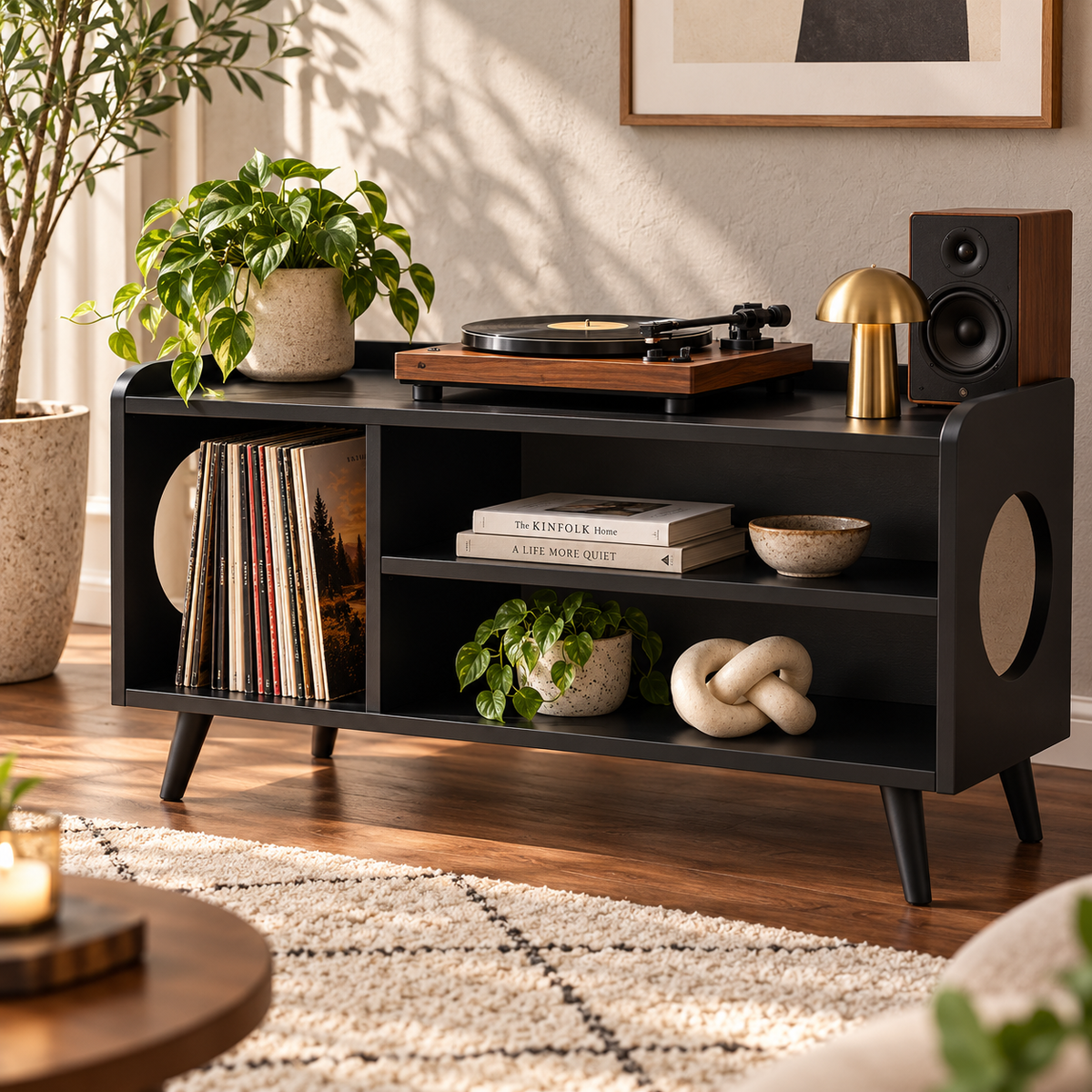 レコードプレーヤー用スタンド（レコード収納付き）– モダンなターンテーブルスタンド＆LPオーガナイザー