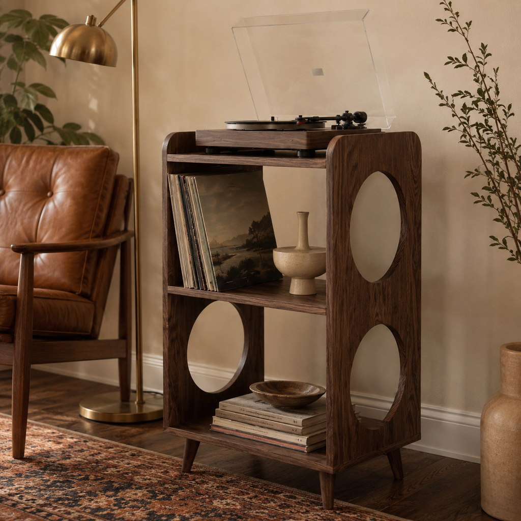Mid-Century Record Player Stand with Vinyl Storage – Narrow Turntable Stand & LP Organizer