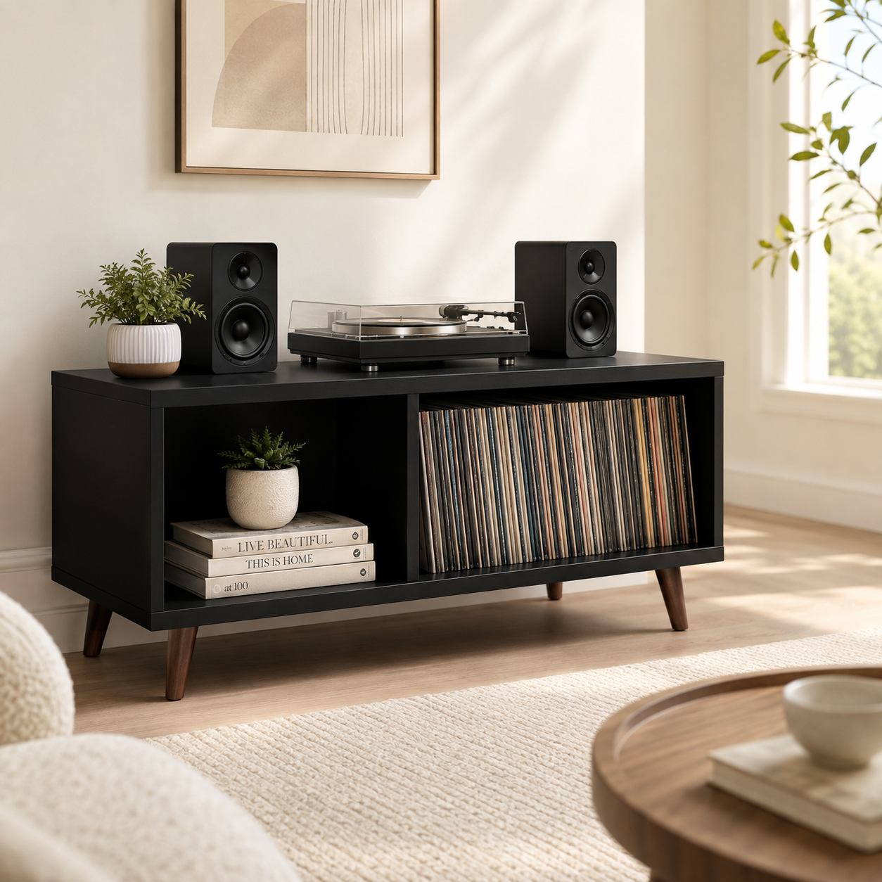 Mid-Century Record Player Stand with Vinyl Storage – LP Organizer & Turntable Stand