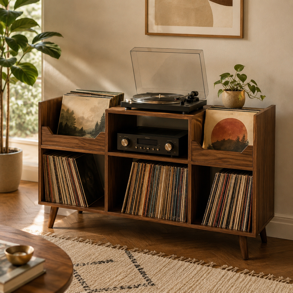 Mid-Century Record Player Stand with Vinyl Storage – Turntable Console & LP Organizer