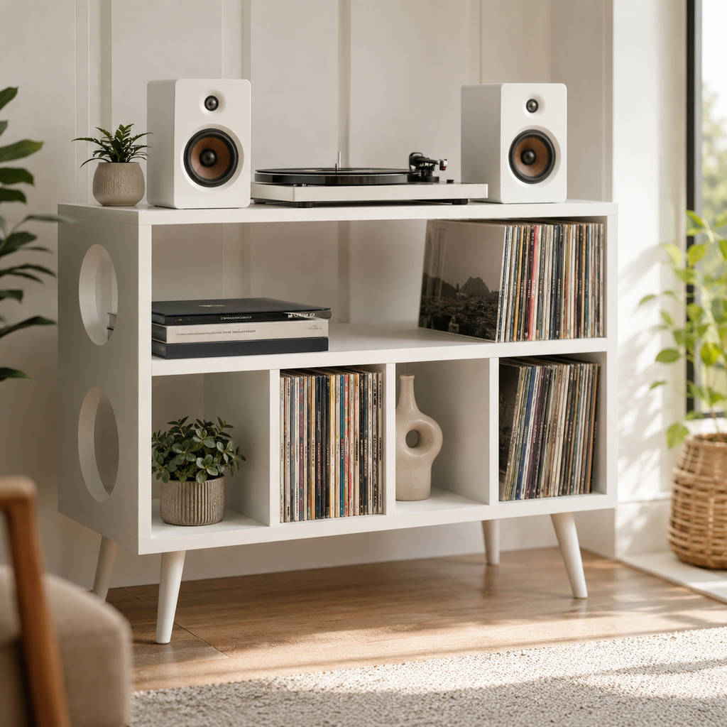 Mid-Century Record Player Stand with Vinyl Storage – Turntable Stand & LP Organizer