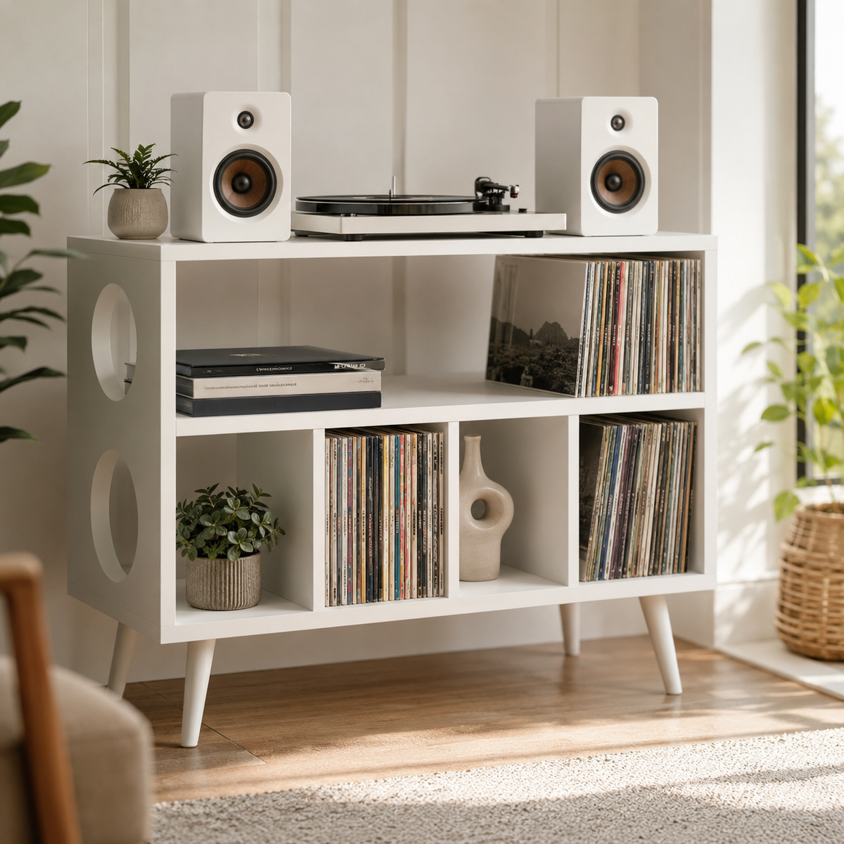 Mid-Century Record Player Stand with Vinyl Storage – Turntable Stand & LP Organizer
