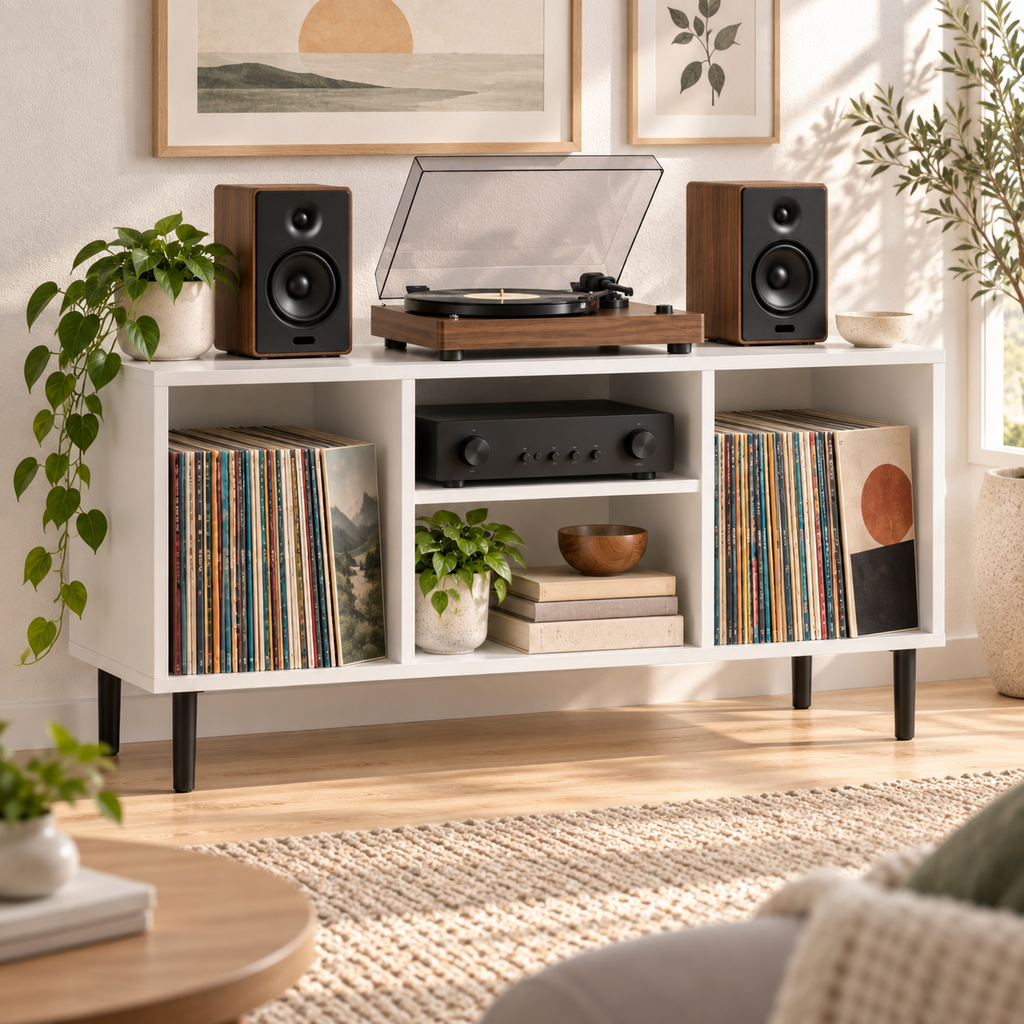 Modern Record Player Stand with Vinyl Storage – Turntable Table & LP Organizer