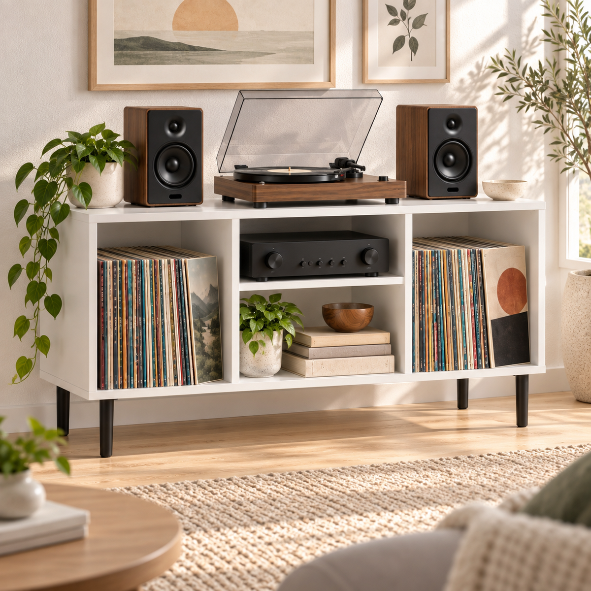 Modern Record Player Stand with Vinyl Storage – Turntable Table & LP Organizer
