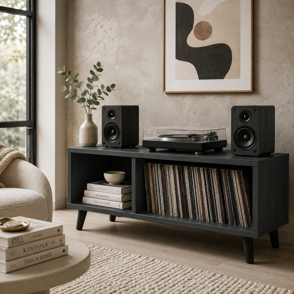 Mid-Century Record Player Stand with Vinyl Storage – LP Organizer & Turntable Stand