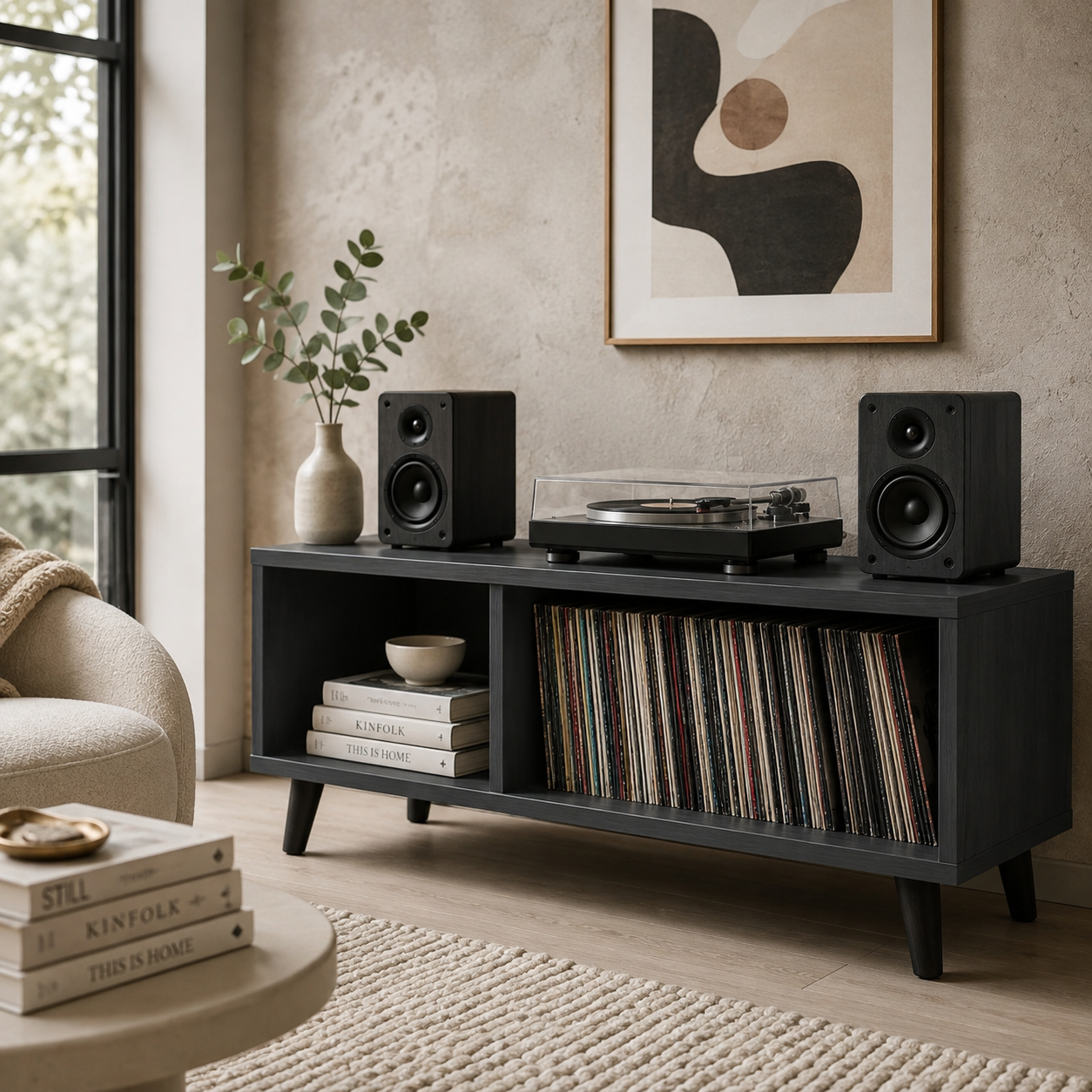 Mid-Century Record Player Stand with Vinyl Storage – LP Organizer & Turntable Stand