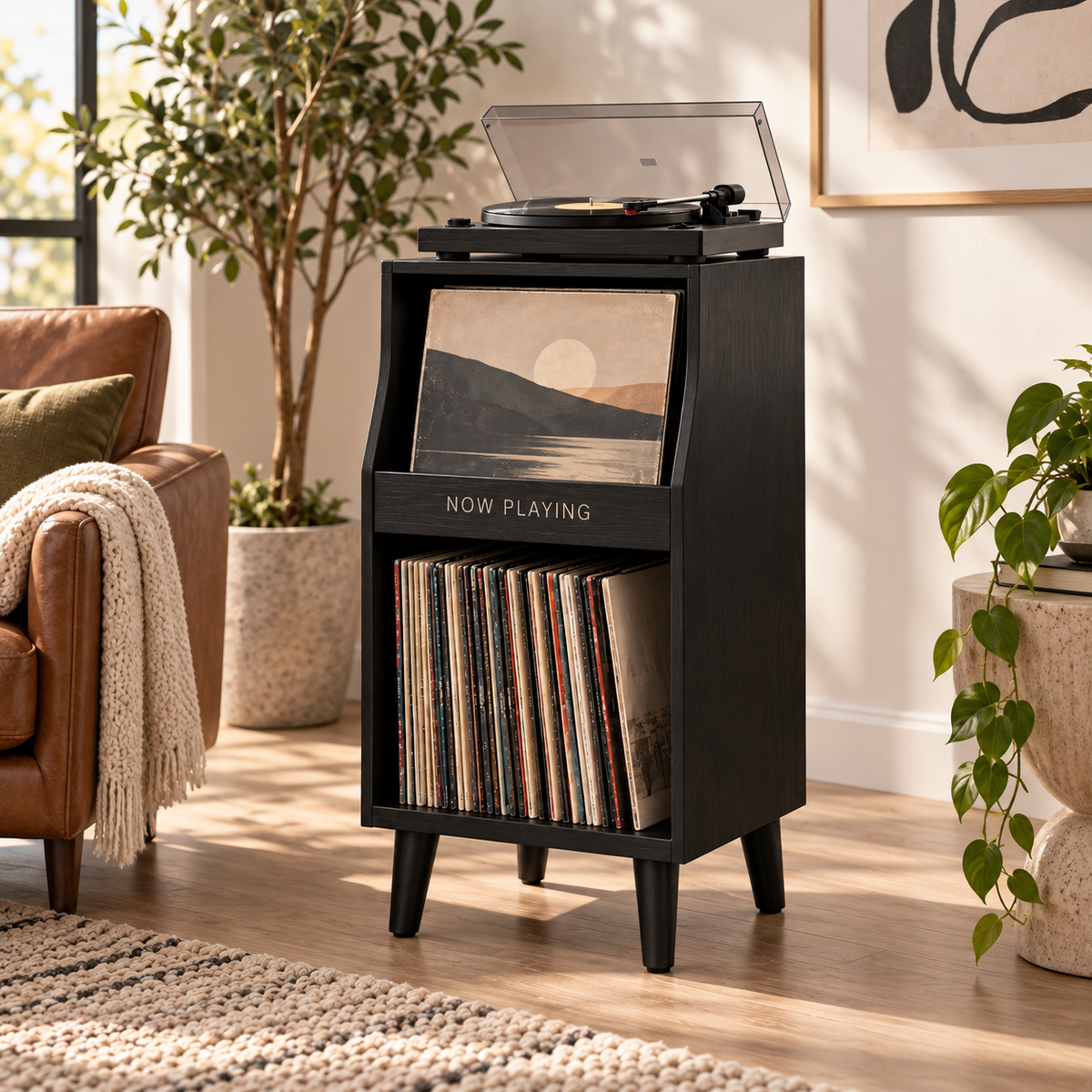 Tall Narrow Record Player Stand with Vinyl Storage – Compact Turntable Cabinet