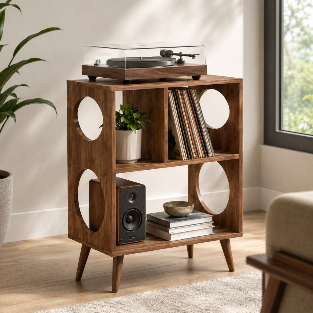 Narrow Record Player Stand with Vinyl Storage – Mid-Century Turntable Stand & LP Organizer