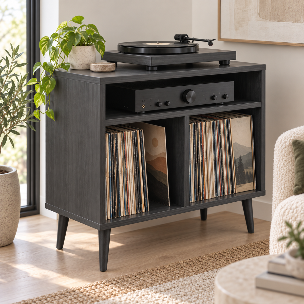 Record Player Stand with Vinyl Storage – Compact Turntable Stand & LP Organizer