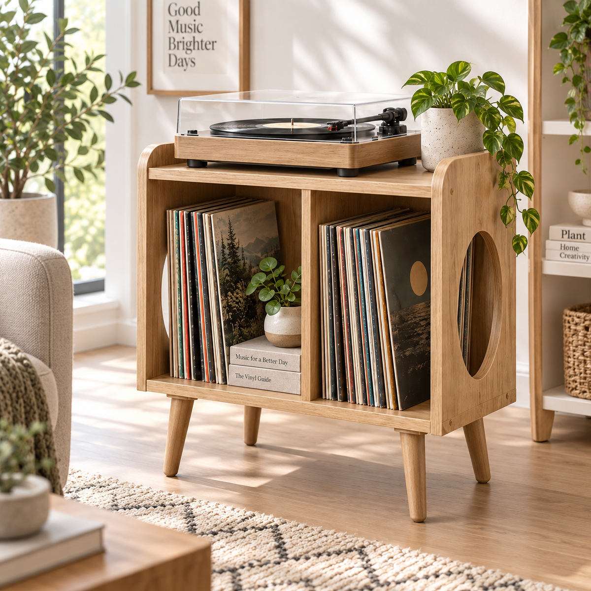 Compact Record Player Stand with Vinyl Storage – Turntable Stand & LP Organizer, 45 cm Wide