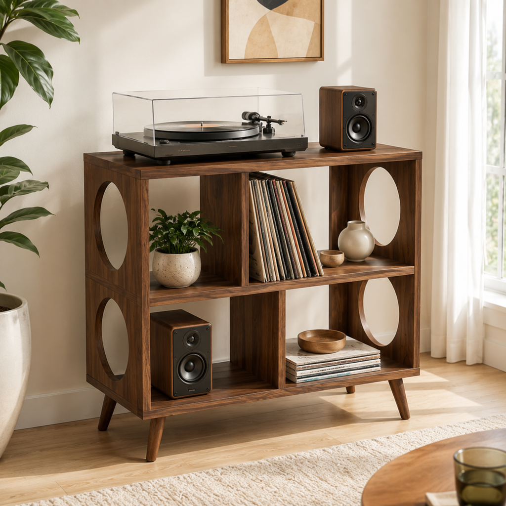 Modern Record Player Stand with Vinyl Storage – Turntable Cabinet & LP Organizer