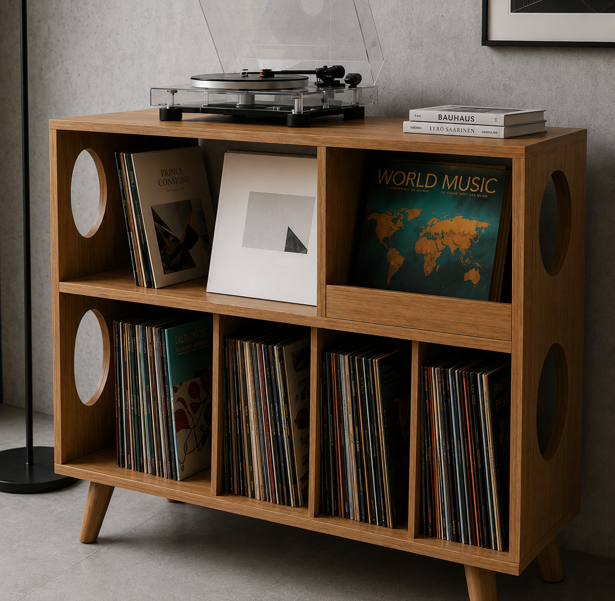 Record Player Stand with Vinyl Storage, Solid Wood Media Console, Mid Century Modern LP Record Cabinet
