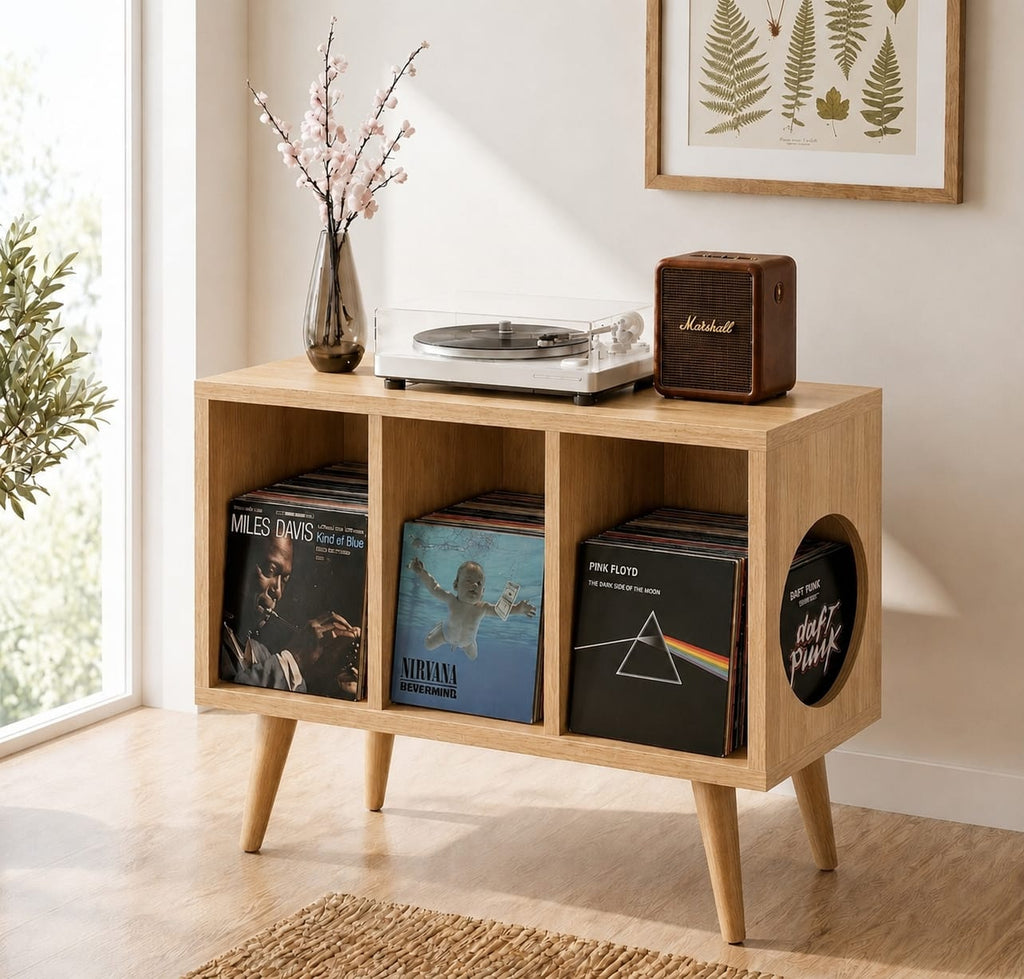 Mid Century Modern Vinyl Record Stand | Wooden Turntable Storage Cabinet | Record Player Table