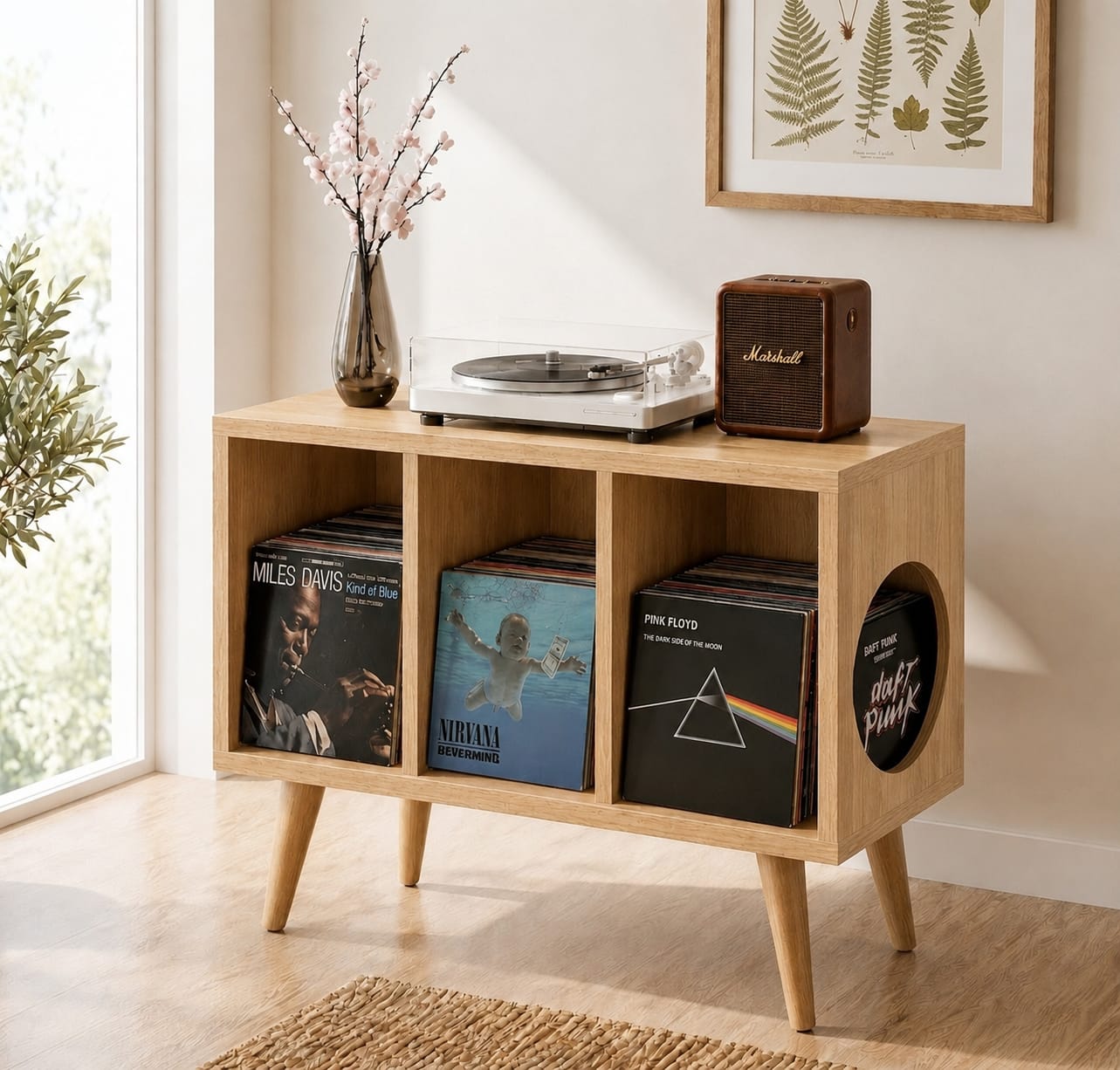 Mid Century Modern Vinyl Record Stand | Wooden Turntable Storage Cabinet | Record Player Table