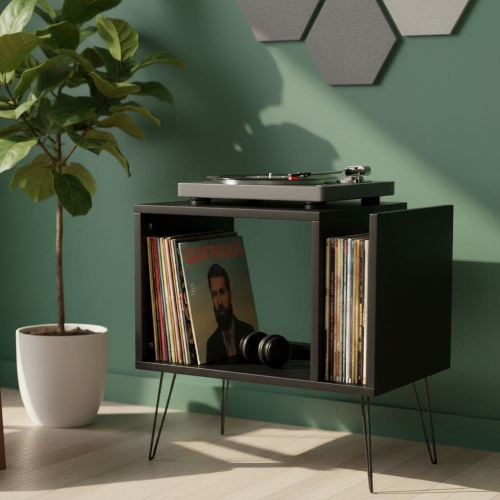 Modern Record Player Stand with Vinyl Storage, MDF Turntable Cabinet, LP Record Organizer, Mid Century Media Console